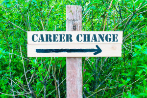 40419329 - career change written on directional wooden sign with arrow pointing to the right against green leaves background. concept image with available copy space